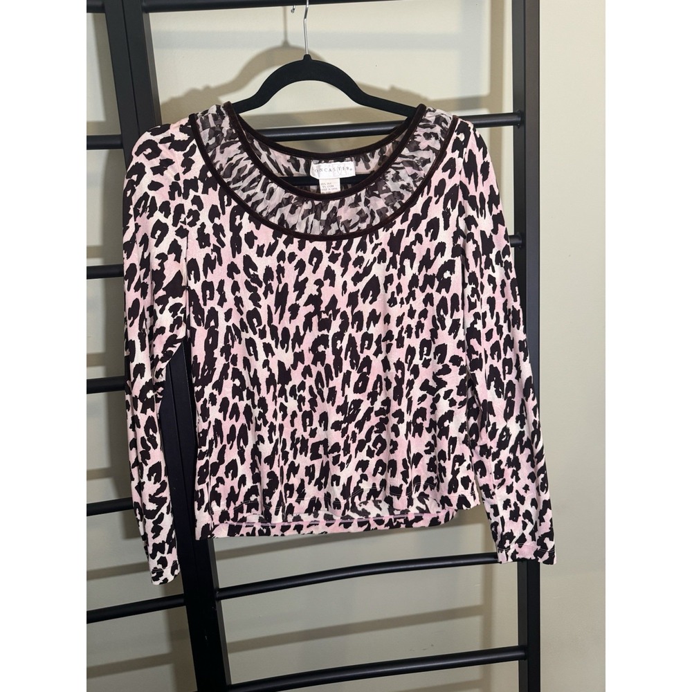 Doncaster Y2K Silk Top Womens L Pink Leopard Print Velvet Trim Sheer Long Sleeve